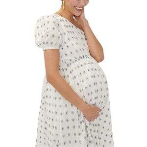 Hatch Collection Elle Maternity One-Shoulder Cotton Floral White Midi Dress